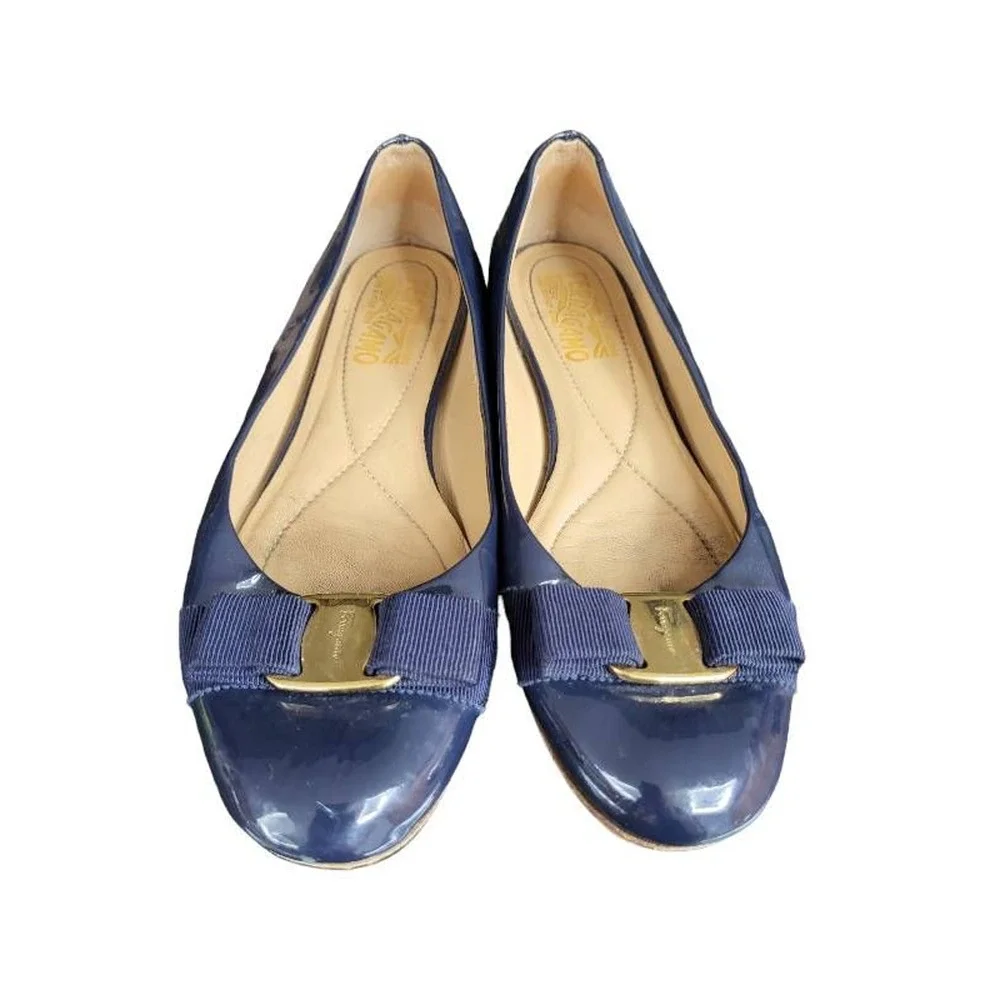 Salvatore Ferragamo Womens Varina Oxford Flat Shoes Blue Patent Leather Bow 7_4